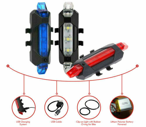 Rechargeable USB LED Bike Tail Red Light Cycling Back Multi LED Colour 7